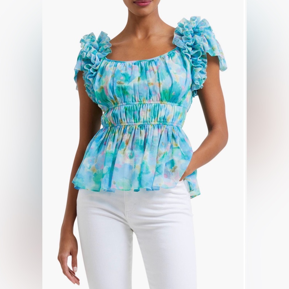 French Connection Gretha Hallie Crinkle Ruffle-Shoulder Top Size Medium